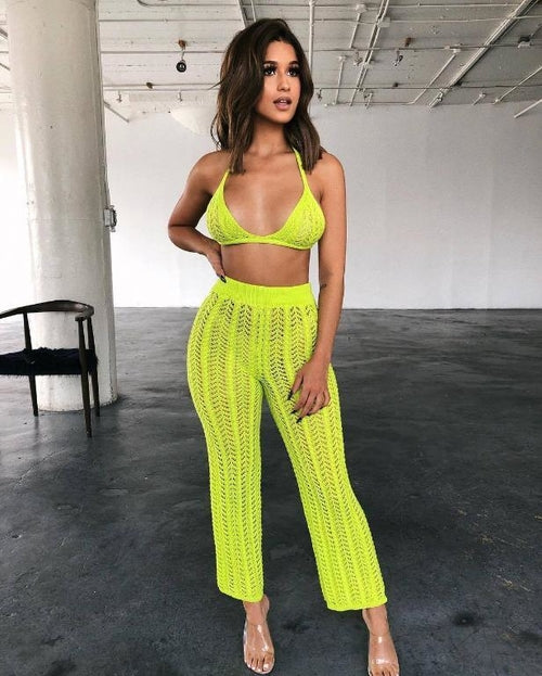 Crochet 2 piece suit jumpsuit Female sleeveless crop top long