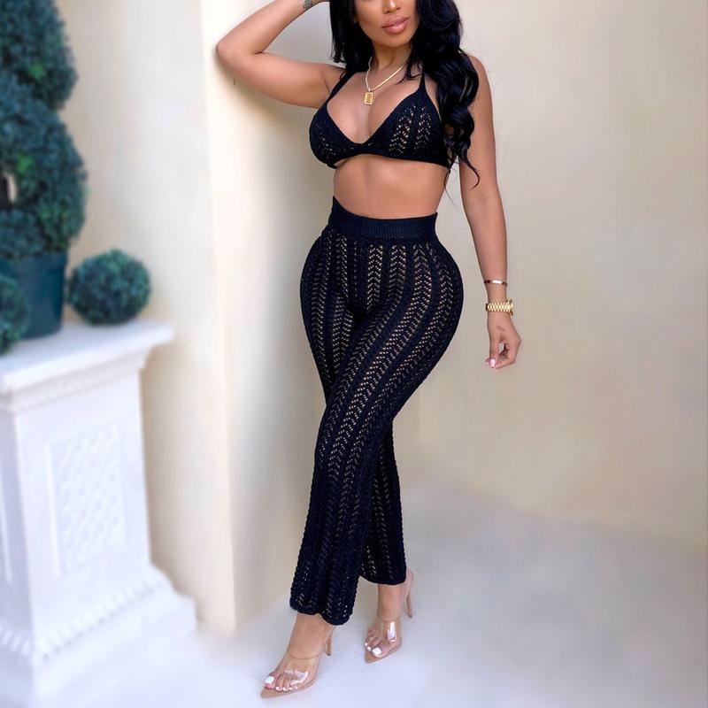 Crochet 2 piece suit jumpsuit Female sleeveless crop top long