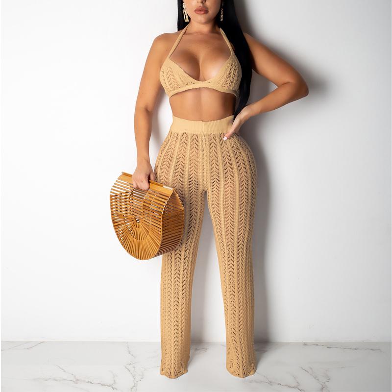 Crochet 2 piece suit jumpsuit Female sleeveless crop top long