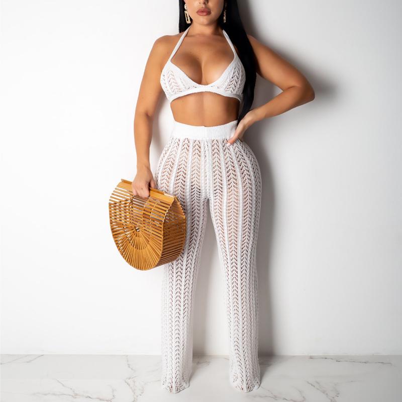 Crochet 2 piece suit jumpsuit Female sleeveless crop top long