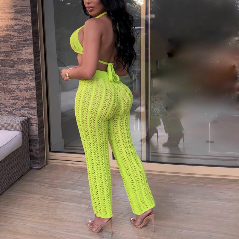 Crochet 2 piece suit jumpsuit Female sleeveless crop top long