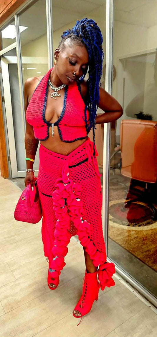 The Royal Red & Blue Crochet Halter & Ruffled Skirt Set